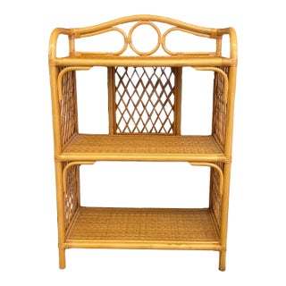 1970s Vintage Likely Rattan and Wicker Shelf With Diamond Lattice Sides and Circle Motif For Sale