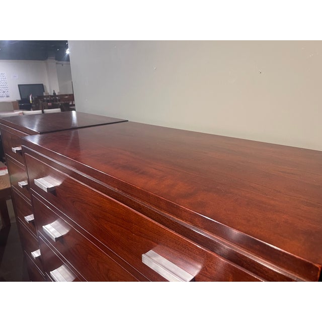 Stickley Metropolitan Chest of Drawers With Two Side Chests Featuring Chrome Pulls. The Two Side Chests Are Recessed From the Main Chest of Drawers. For Sale - Image 9 of 11