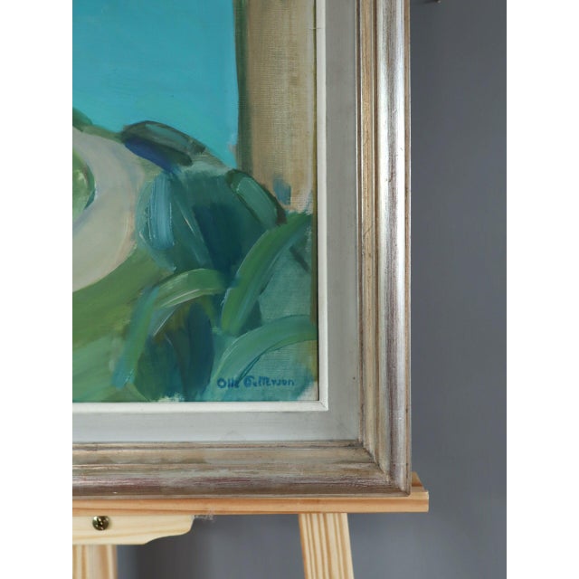 Green Mid-Century Modern 'Hillside Pathway' Vintage Swedish Original Landscape Oil Painting, Framed For Sale - Image 8 of 11