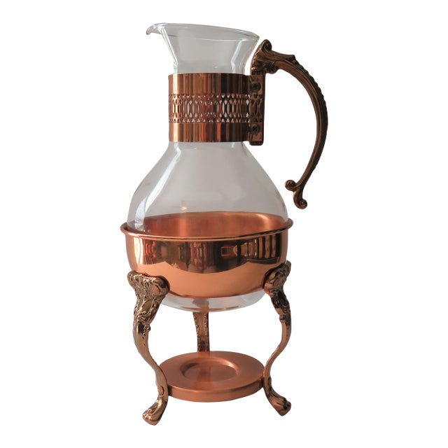 Vintage Princess House Copper Coffee Tea Pot Carafe Warming Stand With Lid For Sale