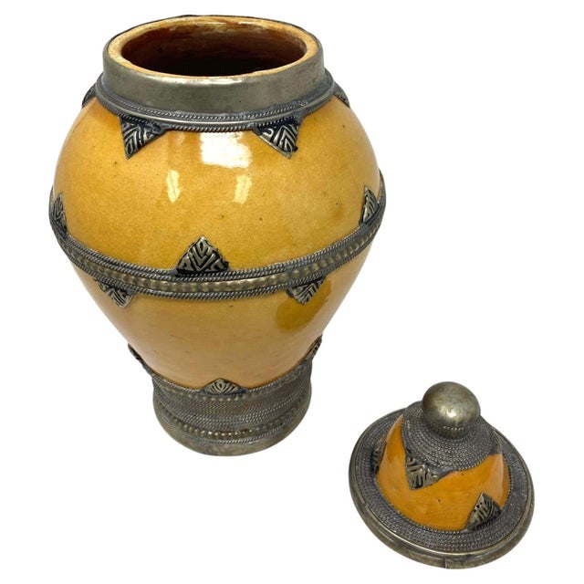 Mustard Set of 3 Vintage Moroccan Ceramic Jars with Silver Filigree, 1980 For Sale - Image 8 of 13