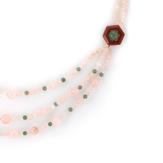 Rose Green Quartz Onyx Agate Long Necklace Estate Vintage Jewellery For Sale - Image 4 of 4
