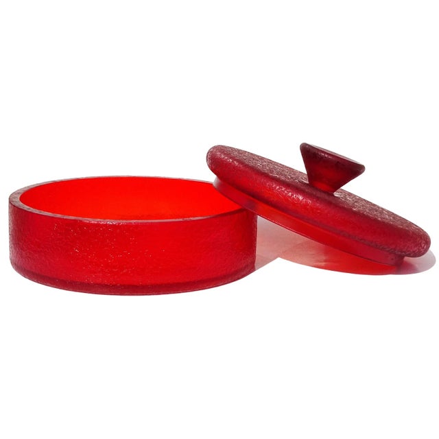 Beautiful and large, vintage Murano hand blown ruby red Italian art glass vanity jewelry box / casket. Created in the...