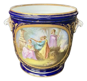 Antique French Porcelain Cachepot With Seashell Handles & Gold Accents