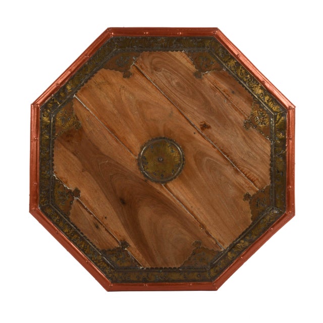 This Antique Wooden Indian Coffee Table with Brass Mounts and Painted Trim features an octagonal surface crafted from...