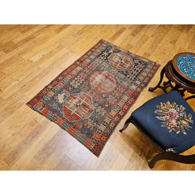 Shabby Chic 19th Century Caucasian Shirvan Area Rug, Tribal Geometric Pattern, Blue & Ivory, 3’ x 5’ For Sale - Image 3 of 17