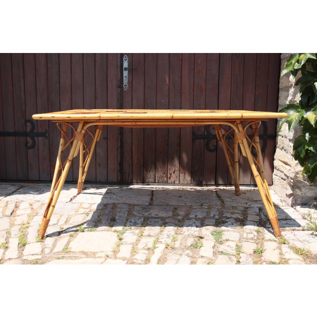 Rattan and Ceramic Dining Table by Audoux-Minet, 1950 For Sale - Image 3 of 10