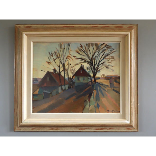 THE QUIET ROAD HOME Size: 18.9 x 22 inches (including frame) Oil on board A soothing mid-century oil painting that...