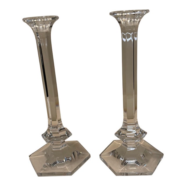 Mid 20th Century Val Saint Lambert Signed Crystal "Gardenia" Candlesticks - A Pair For Sale