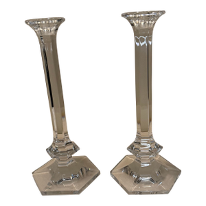 Mid 20th Century Val Saint Lambert Signed Crystal "Gardenia" Candlesticks - A Pair