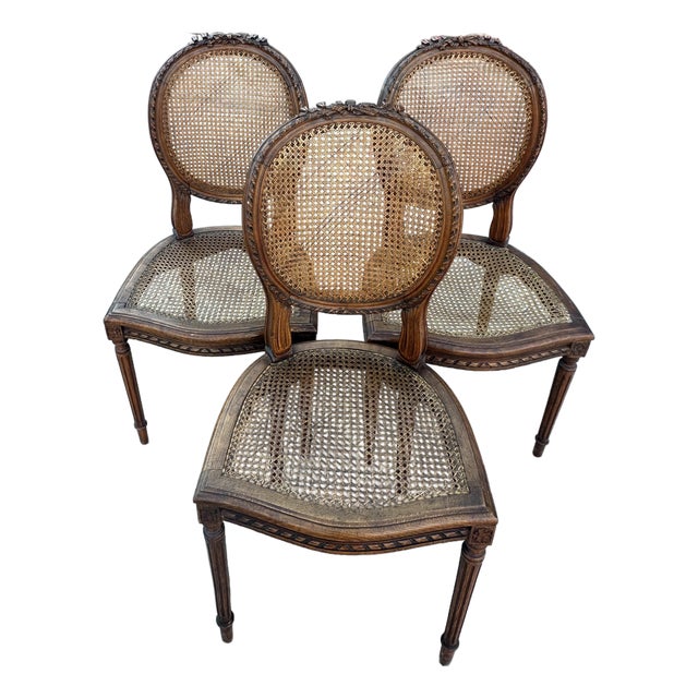 Vintage French Louis XVI Medallion Cane Back Chairs- A Set For Sale