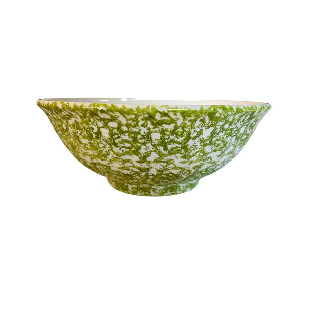 Late 20th Century Large Vintage Italian Green Spongeware Stoneware Bowl | 13.25” Classical Schizzato Spatterware Serving Bowl | Rustic Farmhouse Ceramic Décor For Sale - Image 5 of 8