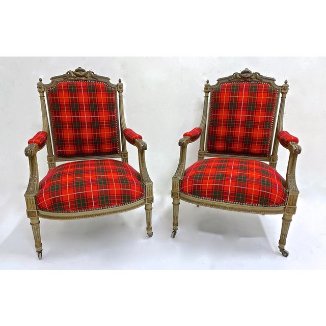 Pair of Antique Carved Red Tartan Armchairs For Sale - Image 13 of 13