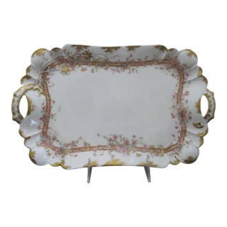 Haviland Limoges Pink Yellow & Gold Flower 13 1/4" Serving Tray Dish W/Handles For Sale