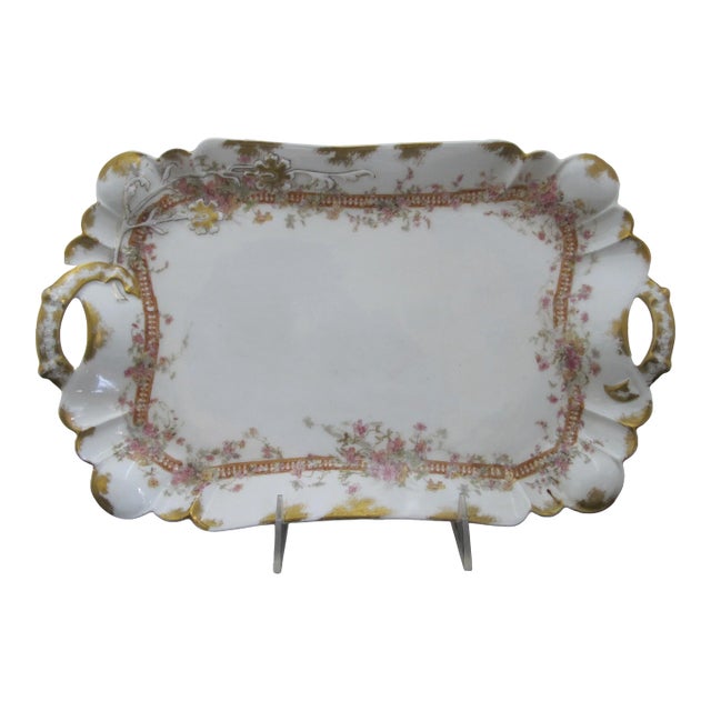 Haviland Limoges Pink Yellow & Gold Flower 13 1/4" Serving Tray Dish W/Handles For Sale
