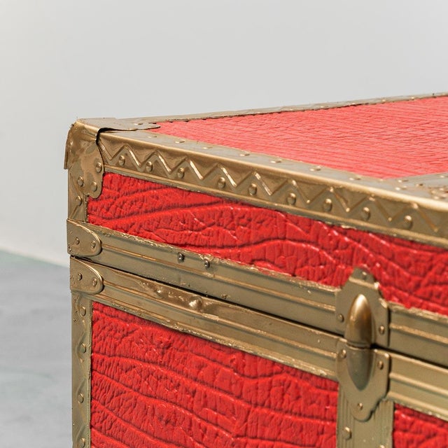 Gold-Plated Metal and Red Leather Trunk, 1950s For Sale - Image 3 of 12
