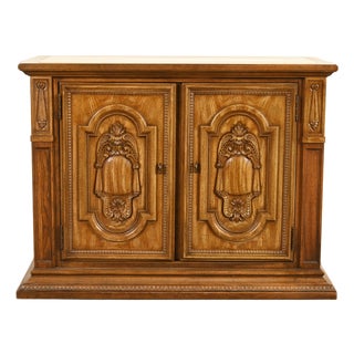 French Regency Louis XVI Carved Pecan Wood Marble Top Sideboard Buffet or Bar Cabinet by Stanley, Circa 1960s For Sale