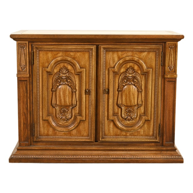 French Regency Louis XVI Carved Pecan Wood Marble Top Sideboard Buffet or Bar Cabinet by Stanley, Circa 1960s For Sale