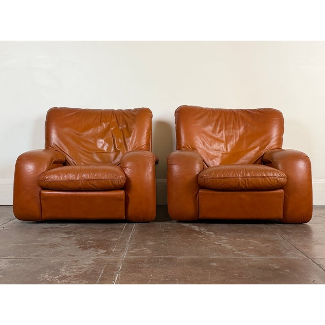 Vintage 1970s Italian Cognac Leather Lounge Chairs For Sale - Image 4 of 12
