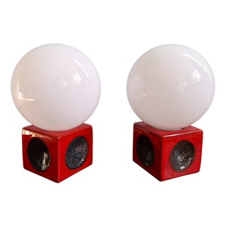 Red Ceramic Bedside Lamps with Opaline Glass Globes, 1970s, Set of 2 For Sale
