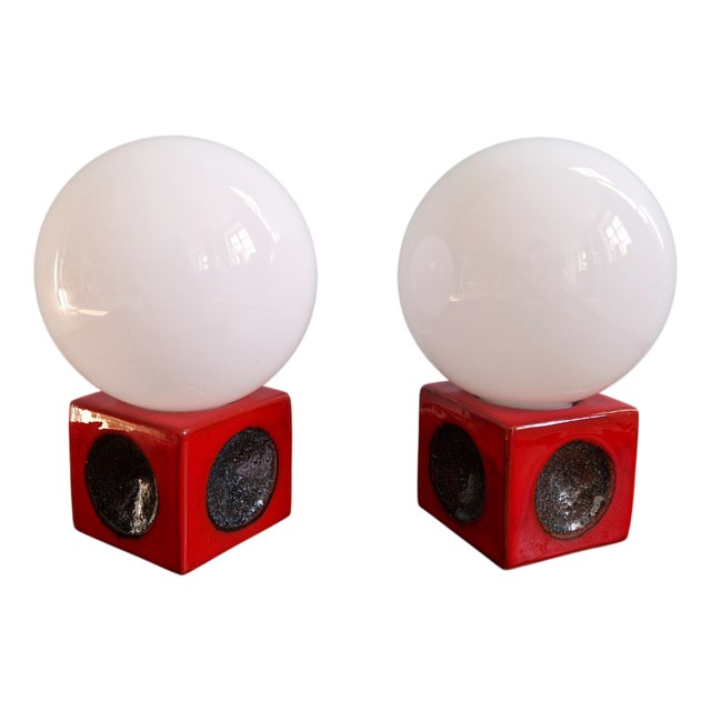 Red Ceramic Bedside Lamps with Opaline Glass Globes, 1970s, Set of 2 For Sale
