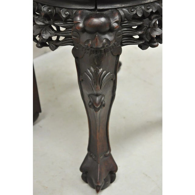 Antique Chinese Carved Hardwood Foo Dog Marble Top 18" Plant Stand Side Table For Sale - Image 9 of 11