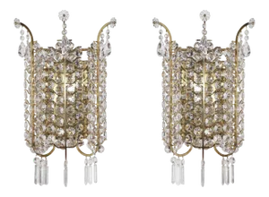 1960s Vintage Oversized Brass & Crystal Wall Sconces - a Pair