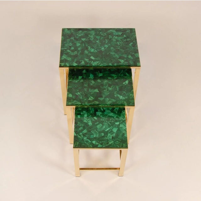 1970s Mid Century Side Table Gold Malachite Nesting Tables Modern Gold Gilded Brass Marble Top Nest Tables French Tariff Free Delivery- Set of 3 For Sale - Image 5 of 12