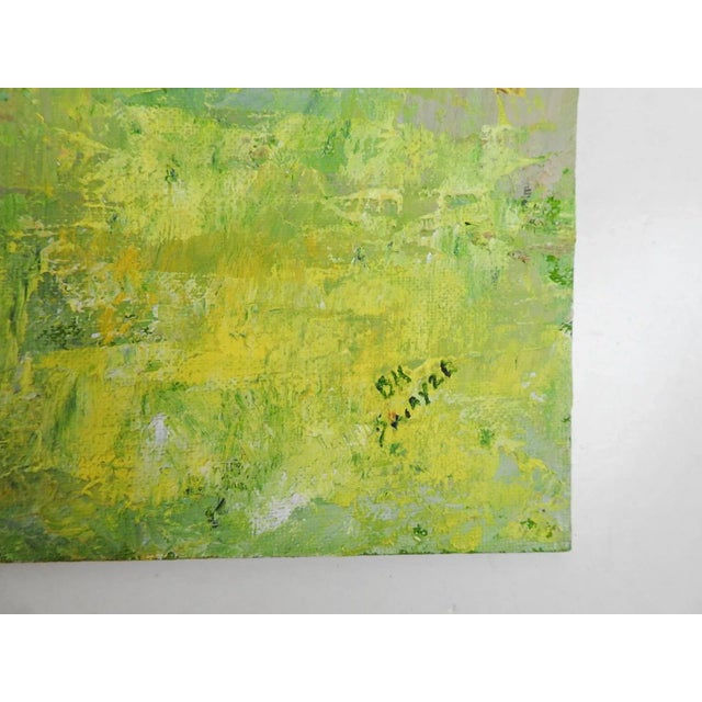 Vintage late 20th century impressionist oil on canvas board painting of a sunny yellow forest glen. Signed B K Swayze...