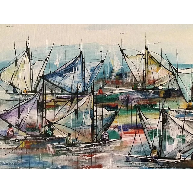 Original Oil Haitian Painting by Michael Valestin. This is a beautiful painting of sailboats of fishermen on the water in...