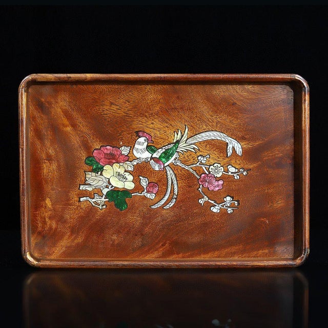 Brown Vintage Chinese Rosewood Tray With Mother of Pearl Bird & Flower Inlay For Sale - Image 8 of 9