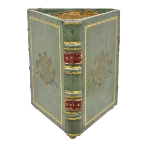 Early 1900s Vintage Italian Regency Green Leather Triangular Book Form Wastebasket