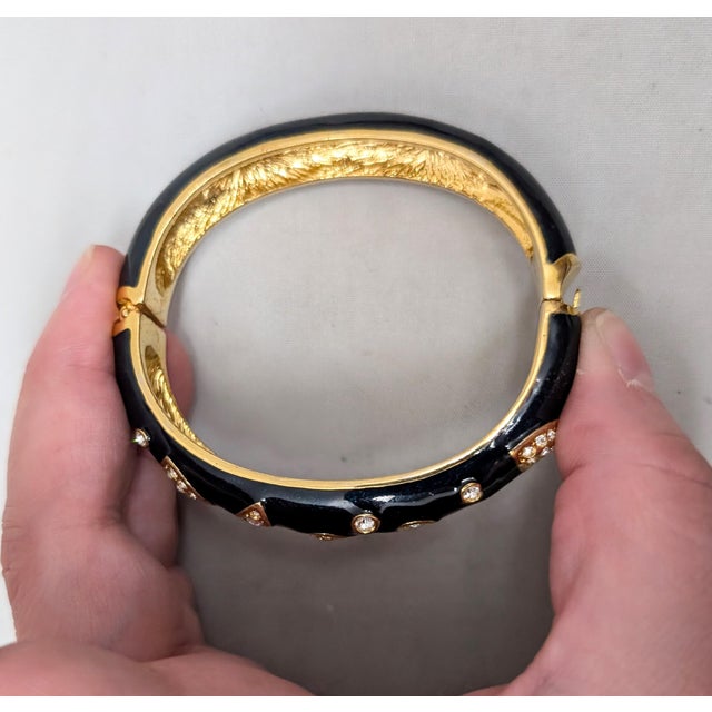Vintage Signed Napier Goldtone Black Enamel & Clear Rhinestone Cuff Bracelet For Sale - Image 9 of 11