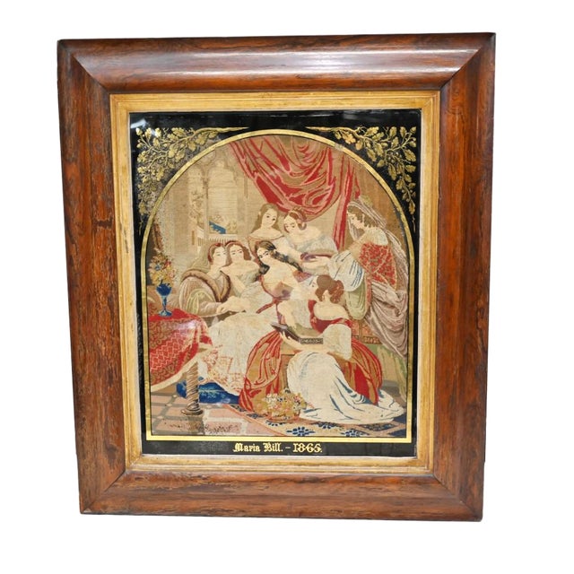 Antique Italian Needlepoint Tapestry of Courtly Maidens, 1865 For Sale