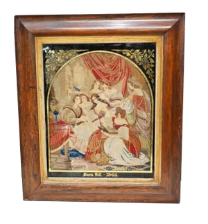 Antique Italian Needlepoint Tapestry of Courtly Maidens, 1865