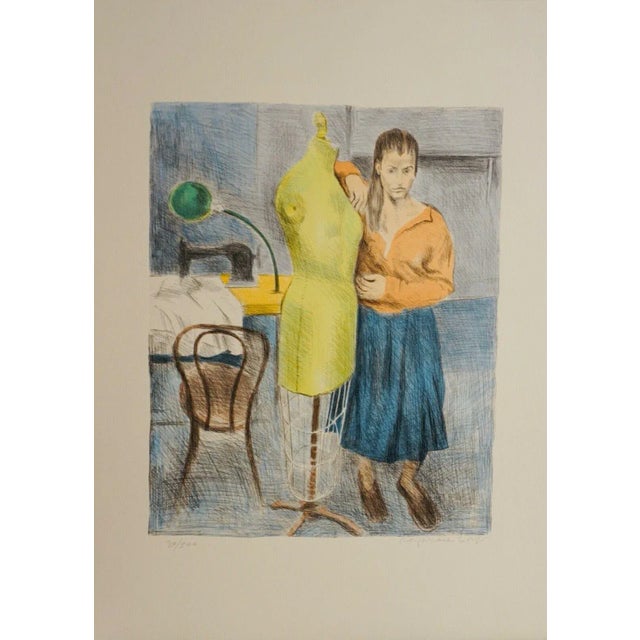 Realism Late 20th Century "Seamstress I" Two Figurative Lithographs and Portfolio Cover by Raphael Soyer - Set of 3 For Sale - Image 3 of 7