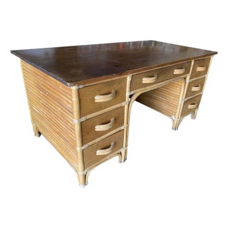 1940s Restored Mid-Century Stacked Rattan Executive Desk W/ Solid Mahogany Top For Sale