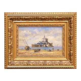 Early 20th C. French Oil on Board Painting of "Mont Saint Michel" in Gilt Frame For Sale