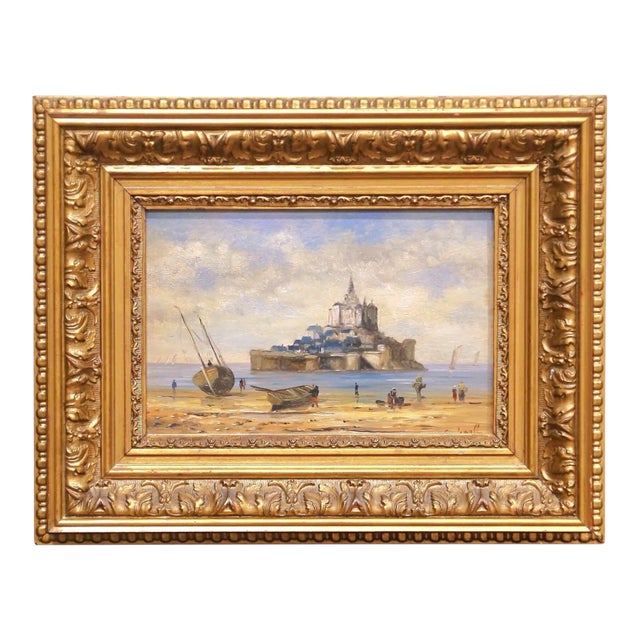 Early 20th C. French Oil on Board Painting of "Mont Saint Michel" in Gilt Frame For Sale