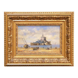 Early 20th C. French Oil on Board Painting of "Mont Saint Michel" in Gilt Frame