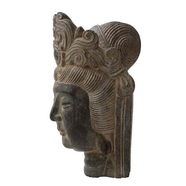 Head of Oriental Divinity, Vintage Stone Sculpture, Early 20th Century For Sale - Image 4 of 5