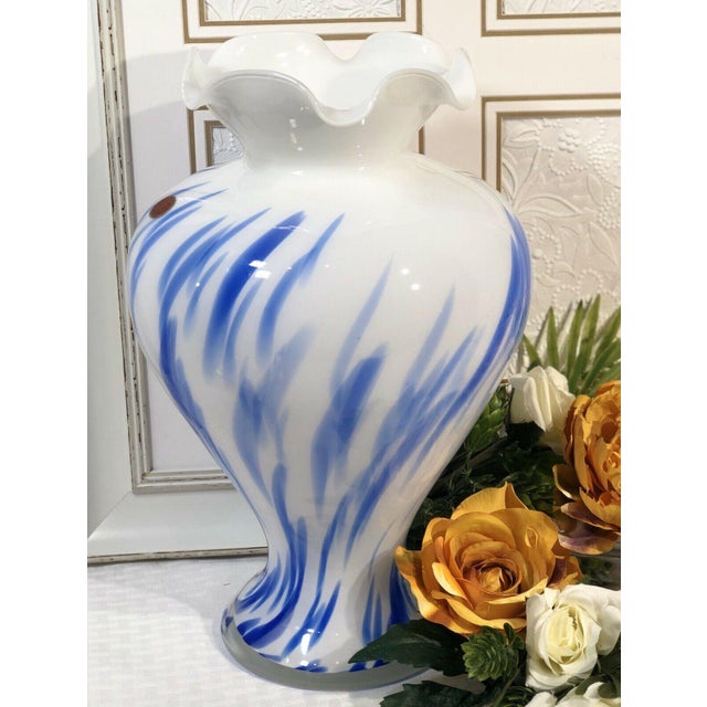 Hand Blown Glass Vase Italian Murano Blue and White Lavorazione Arte