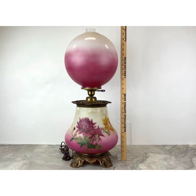 Victorian Antique Victorian Electrified “GWTW”Oil Lamp With Hand-Painted Floral Double Glass Shades For Sale - Image 3 of 13