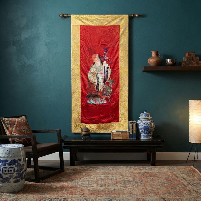 Vintage Chinese Shoulao Longevity Peach Deer Embroidery Fabric Tapestry Art For Sale In San Francisco - Image 6 of 16
