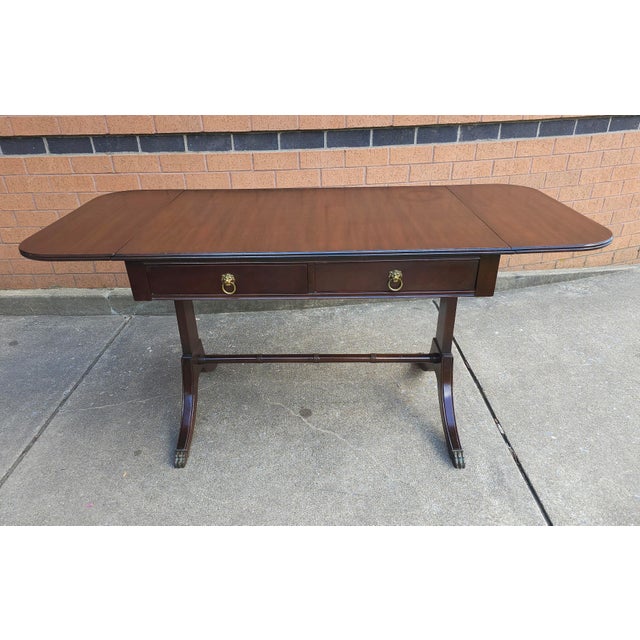 Mid Century Federal Style Mahogany Trestle Drop Leaf Table For Sale - Image 10 of 11