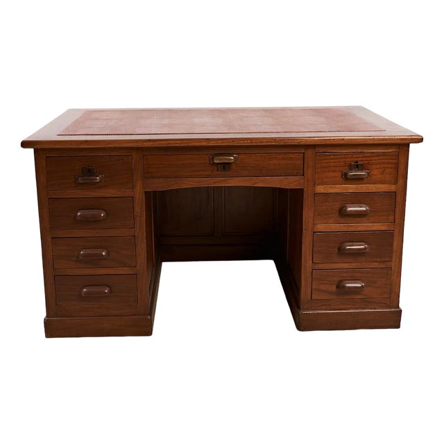 Nine Drawers Desk with Leather Top For Sale