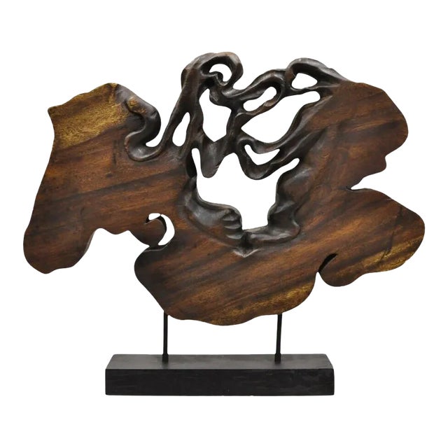 Late 20th Century Organic Abstract Carved Teak Wood Large Modernist Table Sculpture For Sale