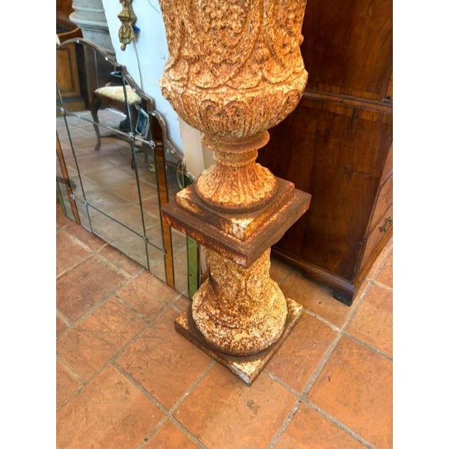 Antique English Cast Iron Garden Urn on Pedestal For Sale - Image 4 of 5