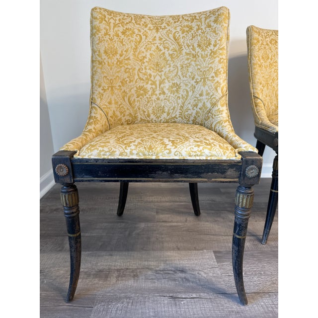 1980s Neoclassical Sabre Leg Side Chairs Upholstered in Yellow Fortuny Style Fabric - Set of 2 For Sale - Image 9 of 10