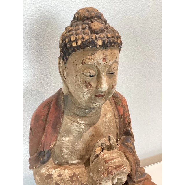 Antique Solid Wood Carved Buddha Statue Sculpture For Sale - Image 9 of 12